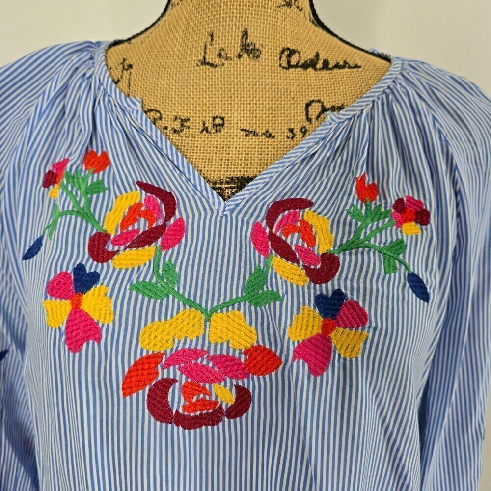 Artisan NY Blue Striped Flowy Colorful Floral Embroidery Boho Top - Picture 4 of 12